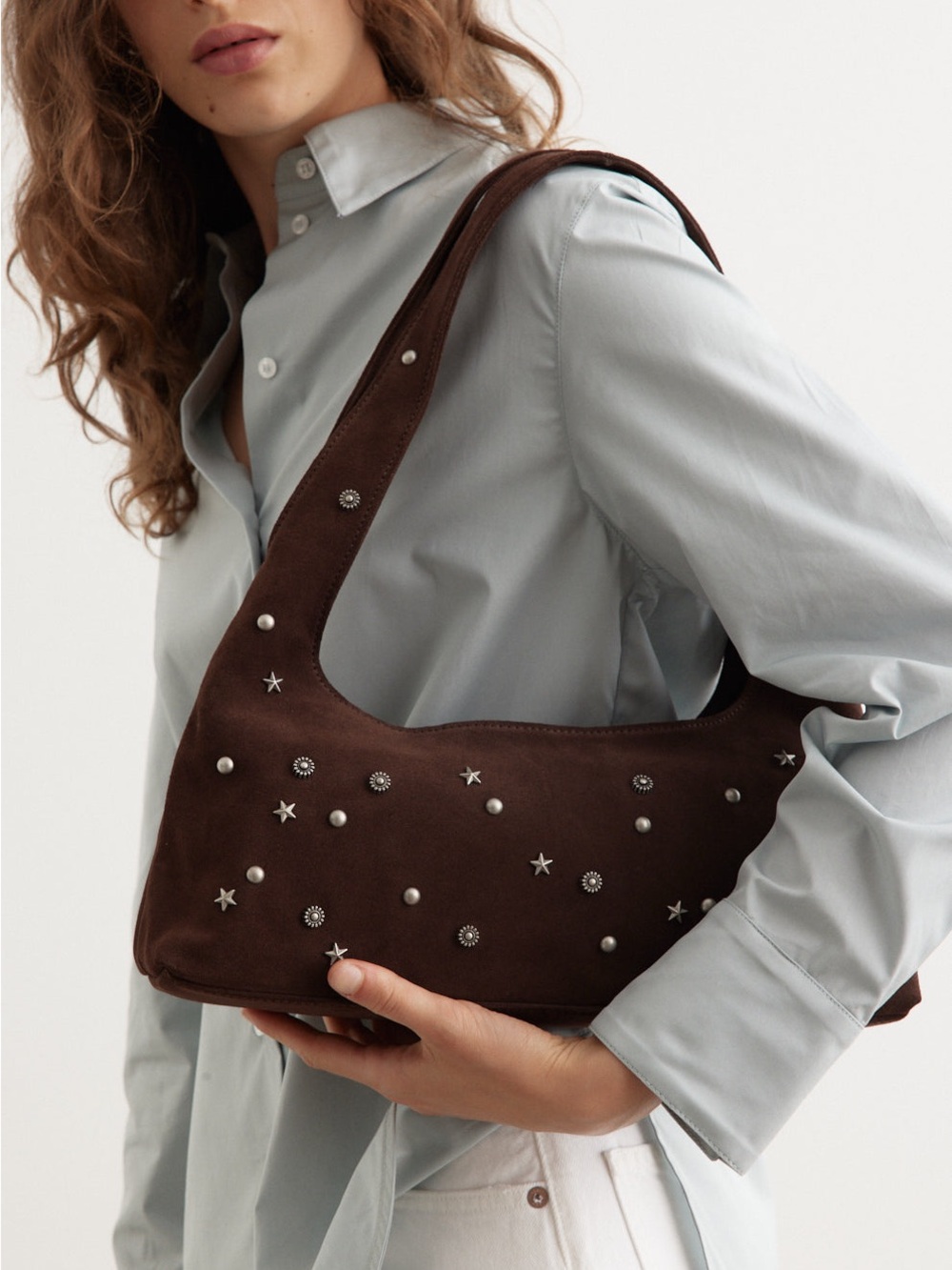 Marge Sherwood Studded Dark Brown Suede Shoulder Bag with Star Accents